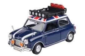 Classic Mini Cooper with roof rack, blue/white/red