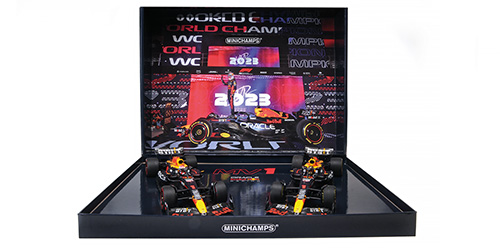 2-CAR-SET – ORACLE RED BULL RACING RB19 – MAX VERSTAPPEN – WORLD CHAMPION QATAR SPRINT & GP 2023